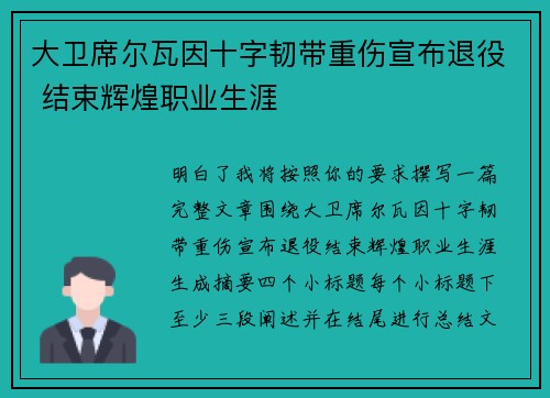 大卫席尔瓦因十字韧带重伤宣布退役 结束辉煌职业生涯